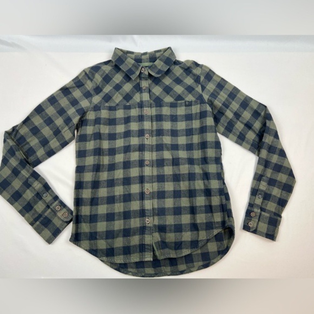 Black Diamond Spotter‎ LS Flannel Shirt Olive Green Navy Plaid Organic Cotton